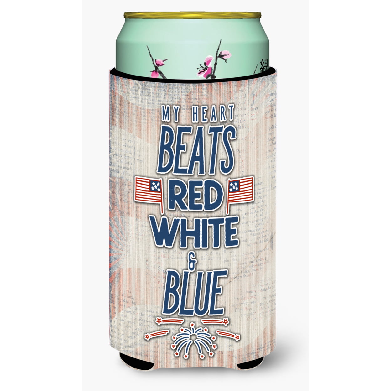 BB5445TBC My Heart Beats Red, White & Blue Tall Boy Beverage Insulator Hugger