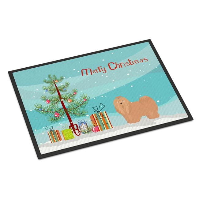 18 x 27 in. Tan Lhasa Apso Christmas Tree Indoor or Outdoor Mat