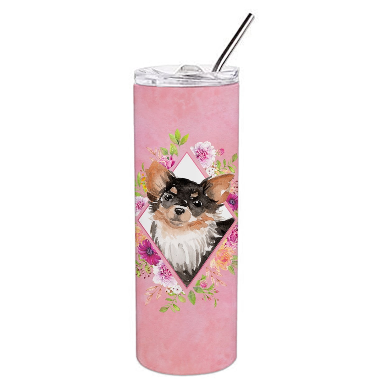 Picture of Carolines Treasures CK4225TBL20 20 oz Longhaired Chihuahua Pink Flowers Double Walled Stainless Steel Skinny Tumbler