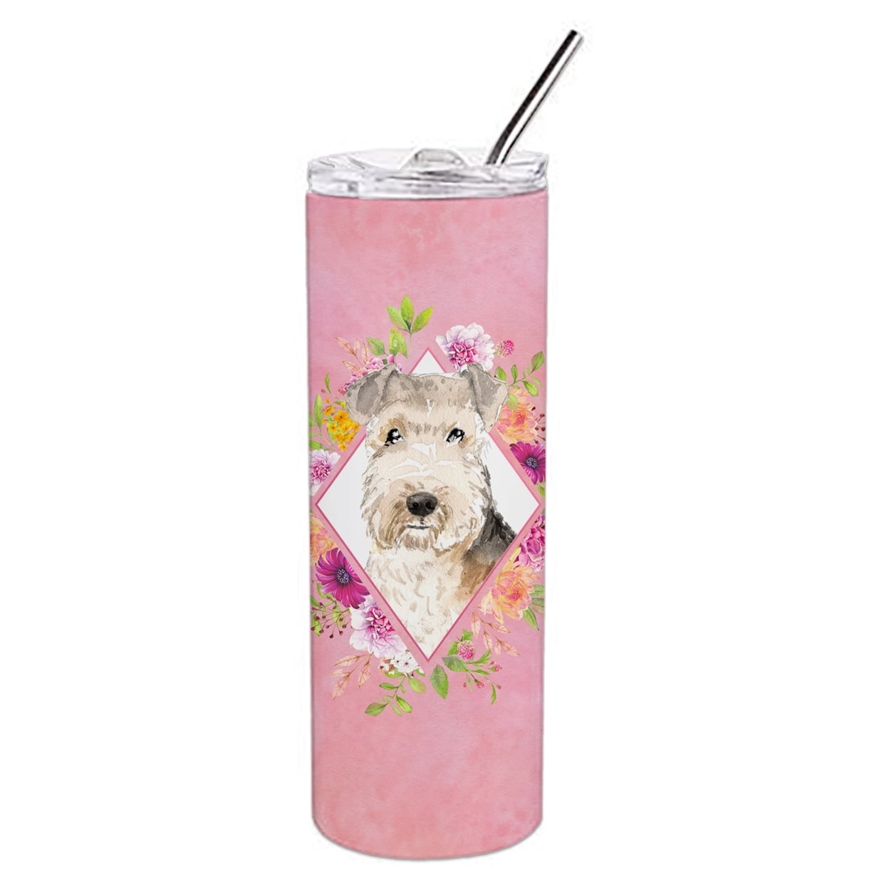 Picture of Carolines Treasures CK4226TBL20 20 oz Lakeland Terrier Pink Flowers Double Walled Stainless Steel Skinny Tumbler