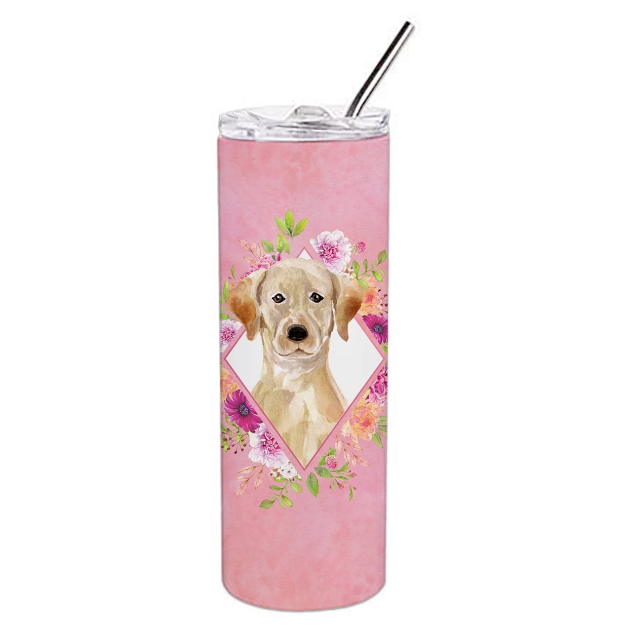 20 oz Yellow Lab Pink Flowers Double Walled Stainless Steel Skinny Tumbler -  CoolCookware, CO2552504