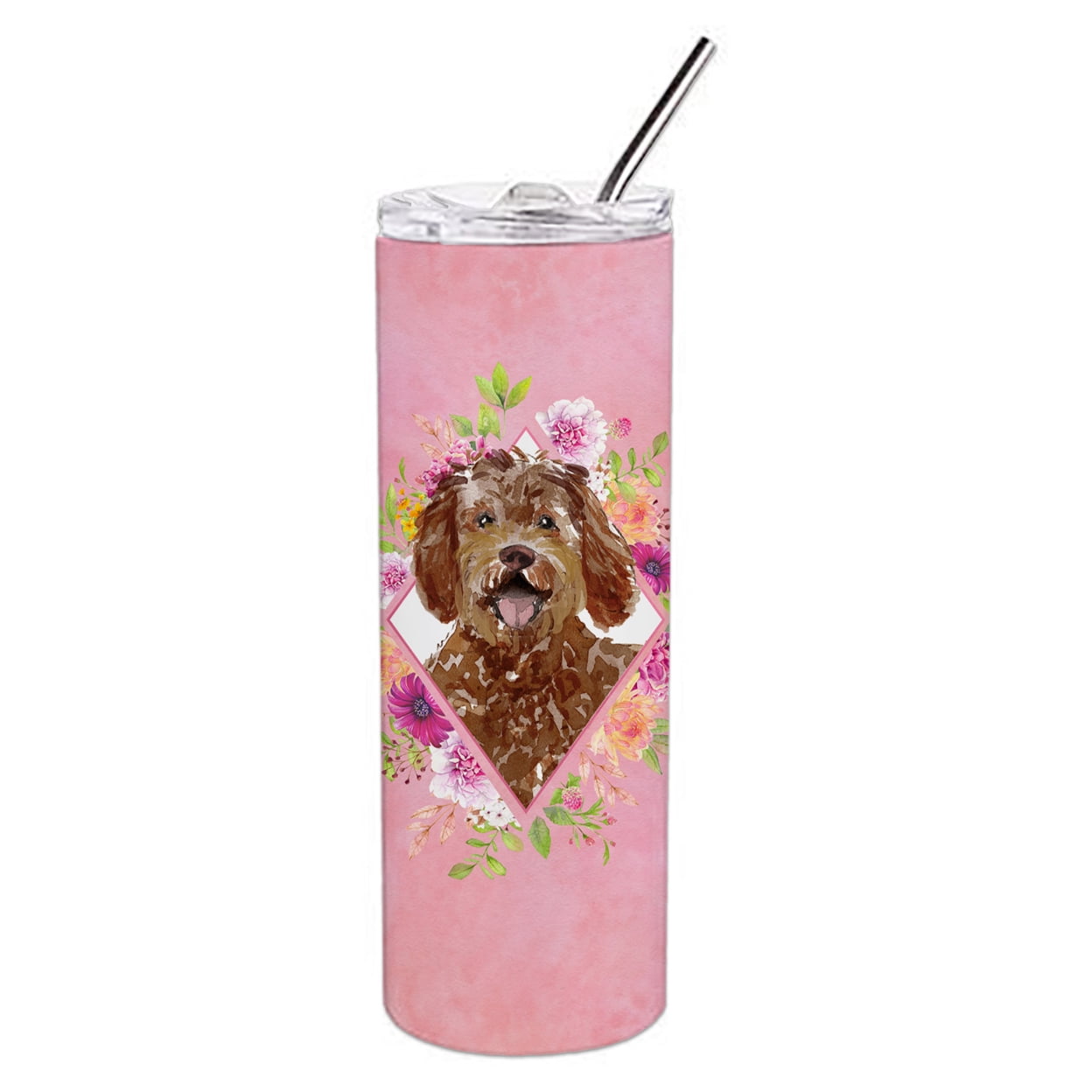 Picture of Carolines Treasures CK4228TBL20 20 oz Labradoodle Pink Flowers Double Walled Stainless Steel Skinny Tumbler
