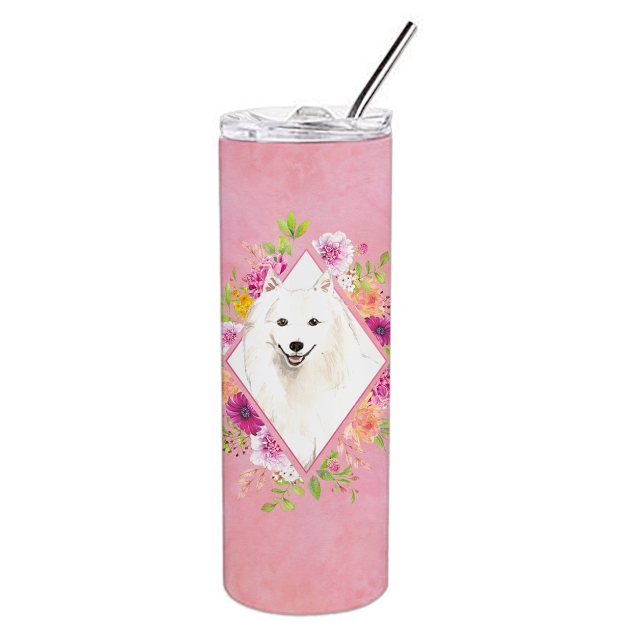 Picture of Carolines Treasures CK4229TBL20 20 oz Japanese Spitz Pink Flowers Double Walled Stainless Steel Skinny Tumbler