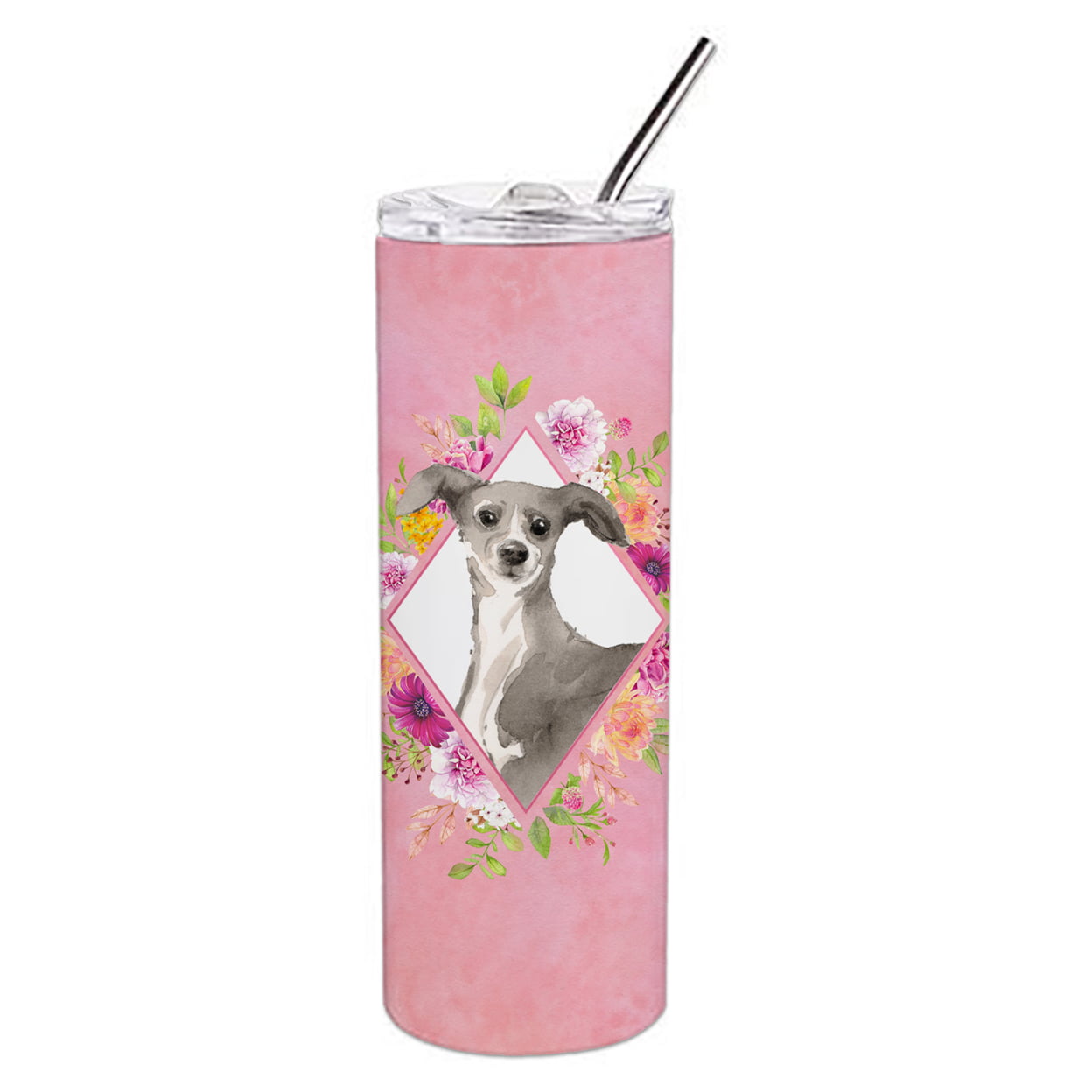 Picture of Carolines Treasures CK4230TBL20 20 oz Italian Greyhound Pink Flowers Double Walled Stainless Steel Skinny Tumbler