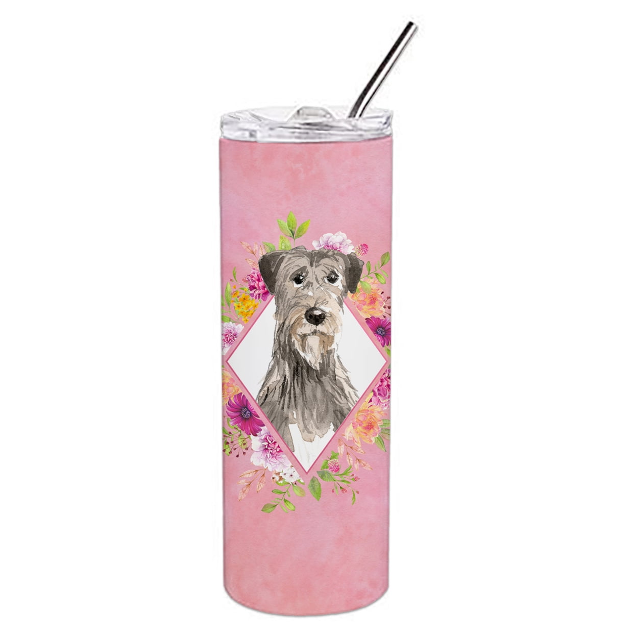 Picture of Carolines Treasures CK4231TBL20 20 oz Irish Wolfhound Pink Flowers Double Walled Stainless Steel Skinny Tumbler