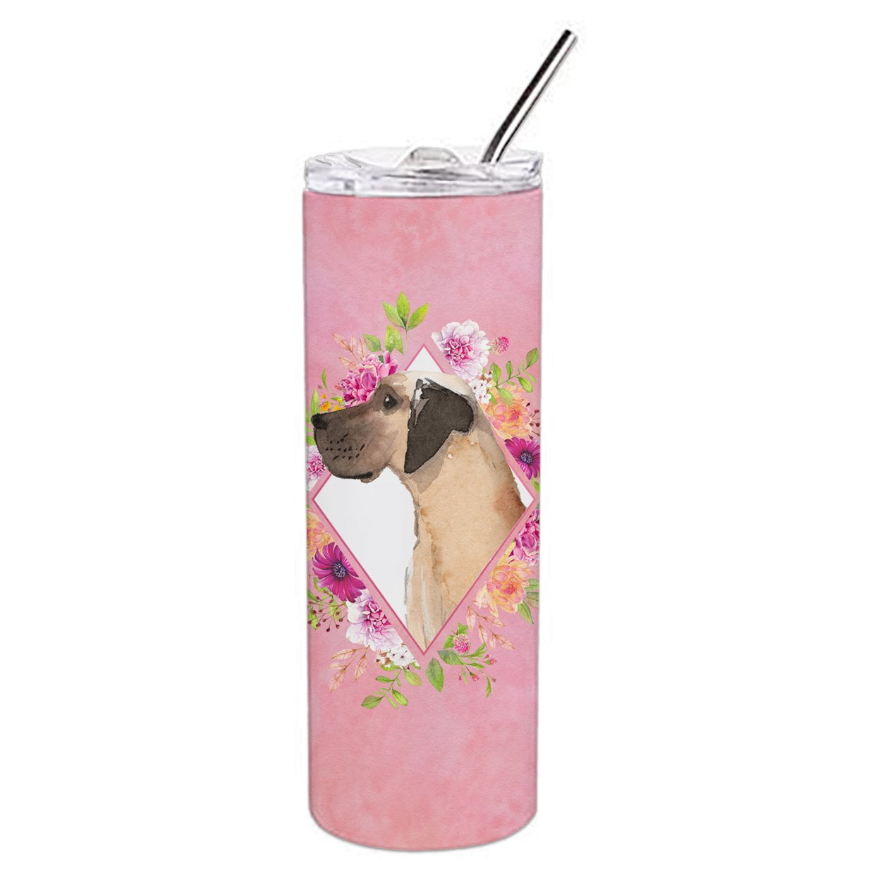 Picture of Carolines Treasures CK4234TBL20 20 oz Fawn Great Dane Pink Flowers Double Walled Stainless Steel Skinny Tumbler