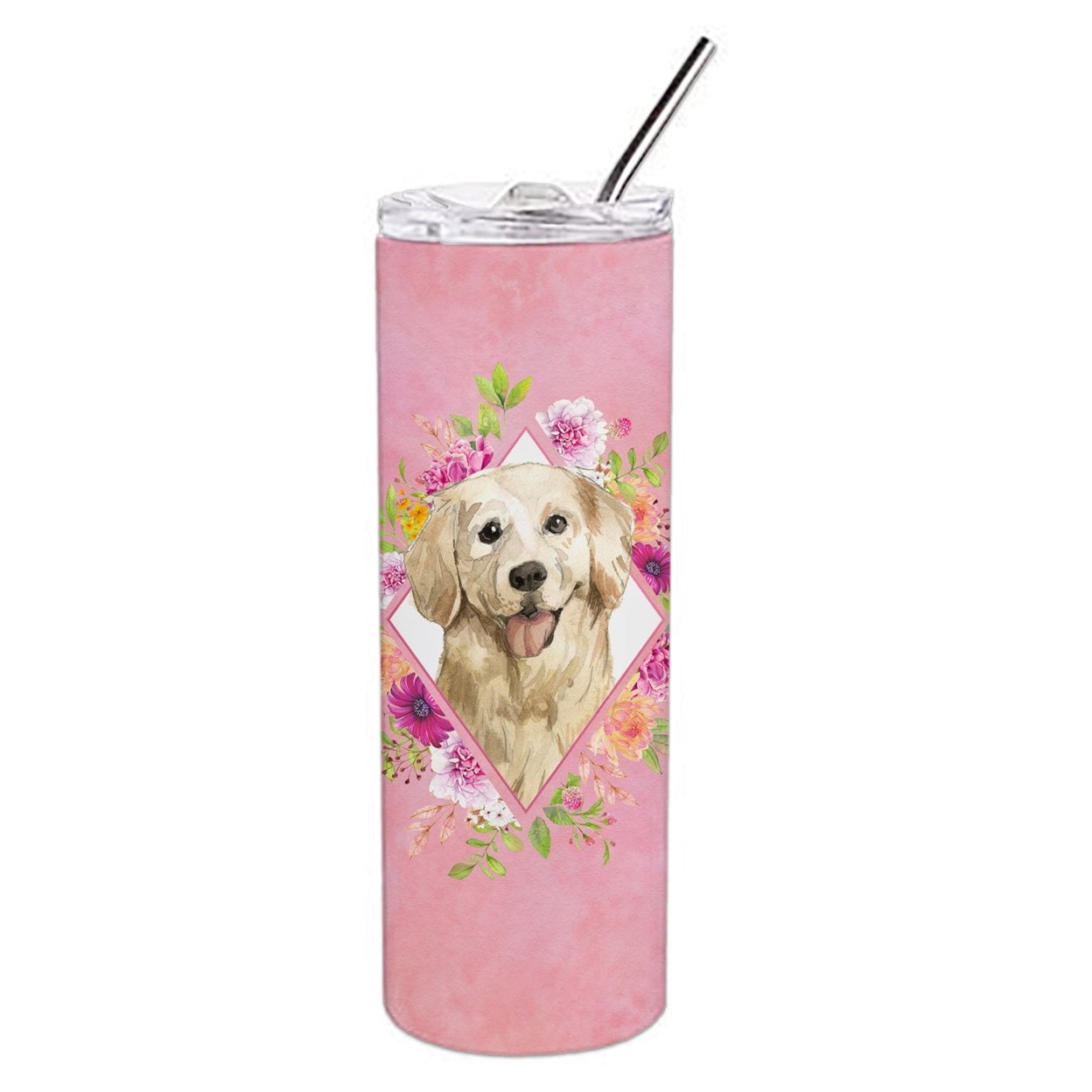 Picture of Carolines Treasures CK4235TBL20 20 oz Golden Retriever Pink Flowers Double Walled Stainless Steel Skinny Tumbler