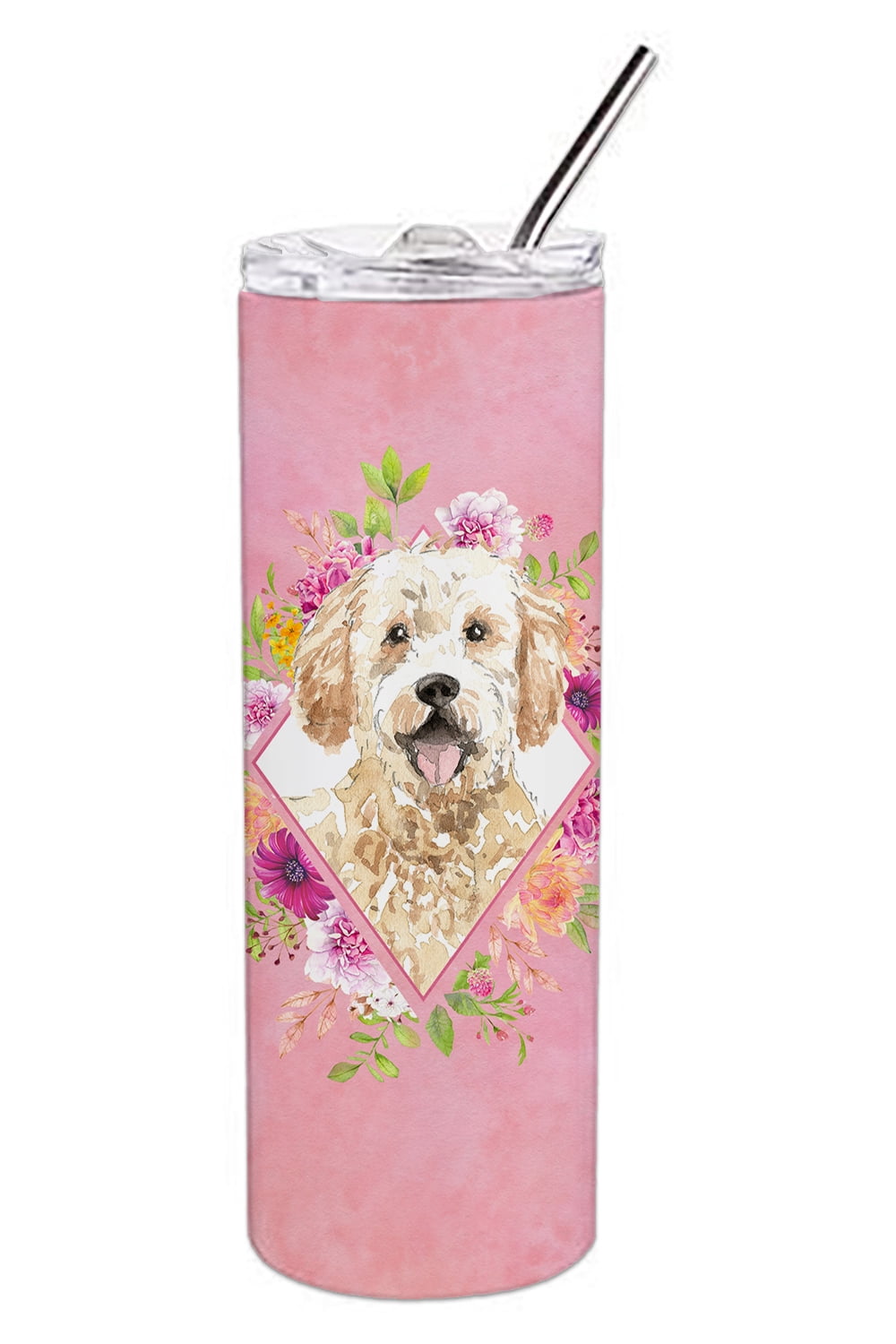 Picture of Carolines Treasures CK4236TBL20 20 oz Goldendoodle Pink Flowers Double Walled Stainless Steel Skinny Tumbler