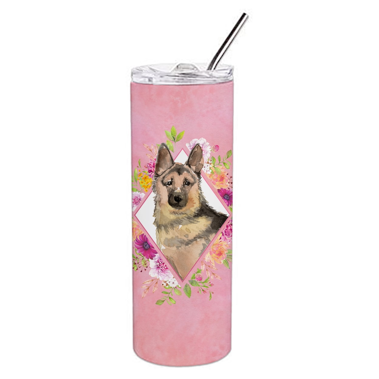 Picture of Carolines Treasures CK4237TBL20 20 oz German Shepherd Pink Flowers Double Walled Stainless Steel Skinny Tumbler