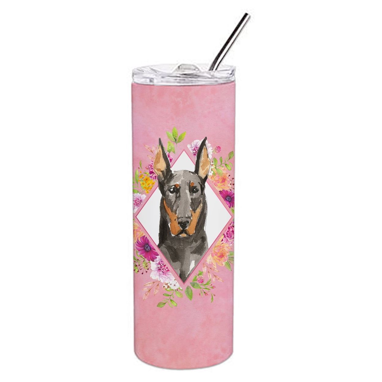 Picture of Carolines Treasures CK4241TBL20 20 oz Doberman Pinsher Pink Flowers Double Walled Stainless Steel Skinny Tumbler