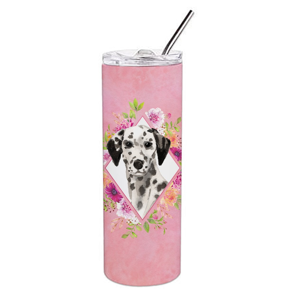 Picture of Carolines Treasures CK4242TBL20 20 oz Dalmatian Pink Flowers Double Walled Stainless Steel Skinny Tumbler
