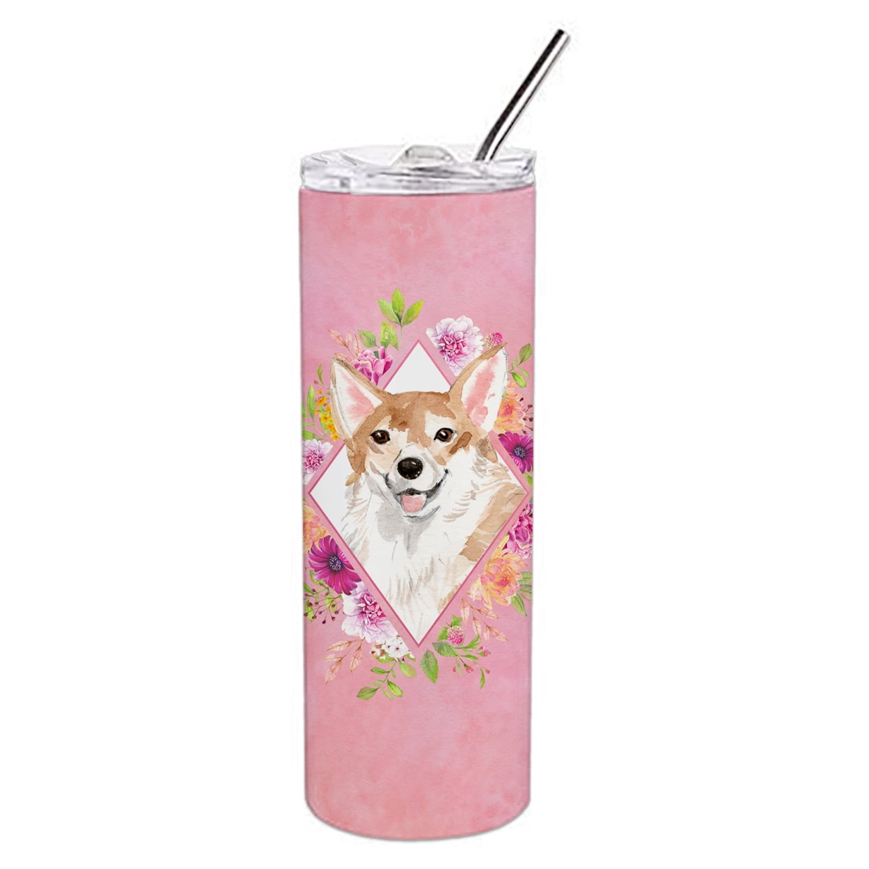 Picture of Carolines Treasures CK4243TBL20 20 oz Corgi Pink Flowers Double Walled Stainless Steel Skinny Tumbler