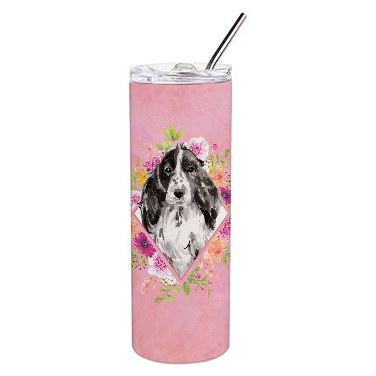 Picture of Carolines Treasures CK4244TBL20 20 oz Black Parti Cocker Spaniel Pink Flowers Double Walled Stainless Steel Skinny Tumbler