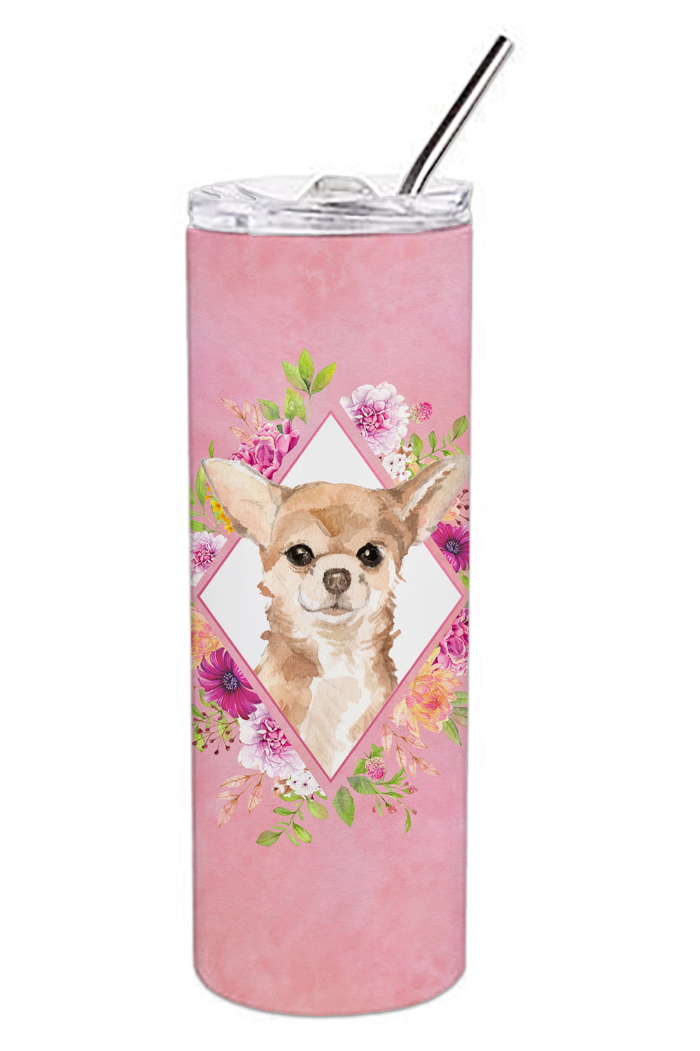 Picture of Carolines Treasures CK4245TBL20 20 oz Chihuahua Pink Flowers Double Walled Stainless Steel Skinny Tumbler