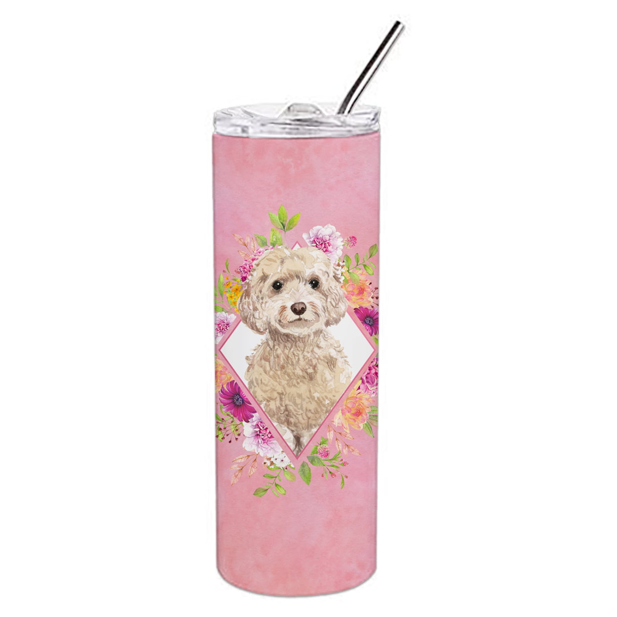 Picture of Carolines Treasures CK4246TBL20 20 oz Champagne Cockapoo Pink Flowers Double Walled Stainless Steel Skinny Tumbler