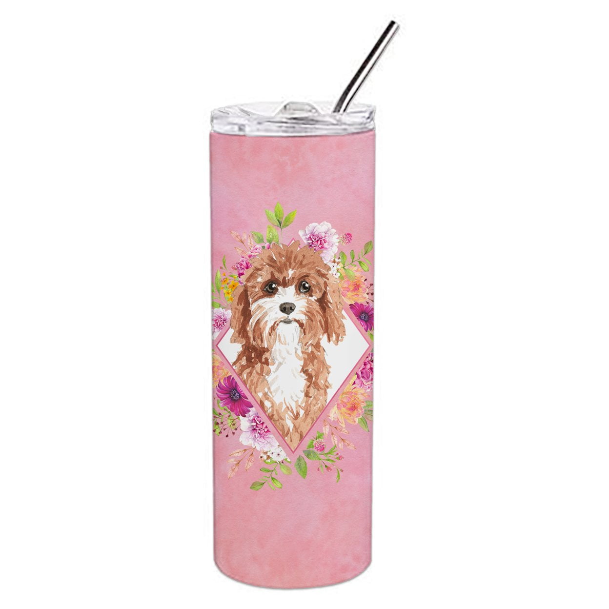 Picture of Carolines Treasures CK4247TBL20 20 oz Cavapoo Pink Flowers Double Walled Stainless Steel Skinny Tumbler
