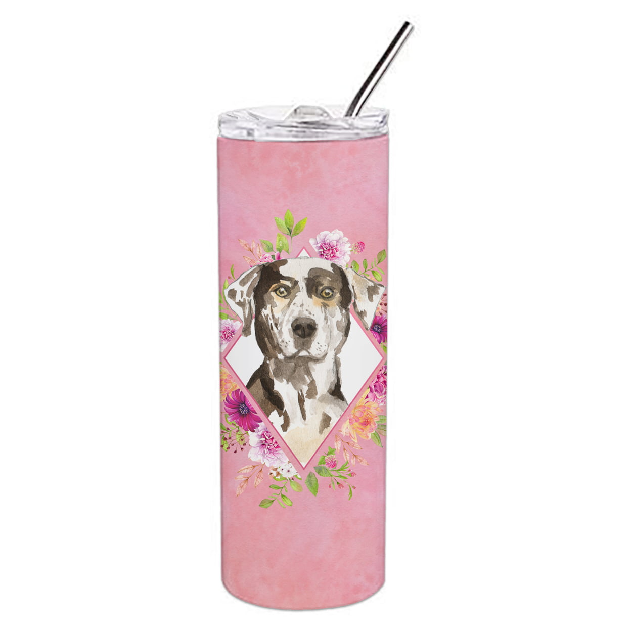 Picture of Carolines Treasures CK4249TBL20 20 oz Catahoula Leopard Dog Pink Flowers Double Walled Stainless Steel Skinny Tumbler