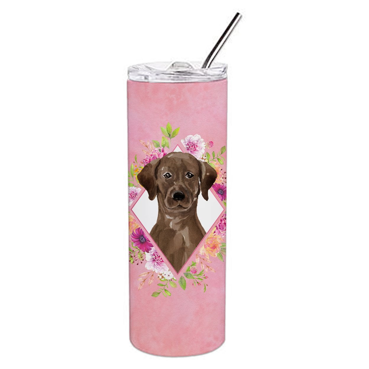 Picture of Carolines Treasures CK4251TBL20 20 oz Chocolate Labrador Pink Flowers Double Walled Stainless Steel Skinny Tumbler