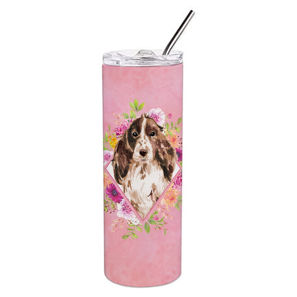 Picture of Carolines Treasures CK4252TBL20 20 oz Brown Parti Cocker Spaniel Pink Flowers Double Walled Stainless Steel Skinny Tumbler