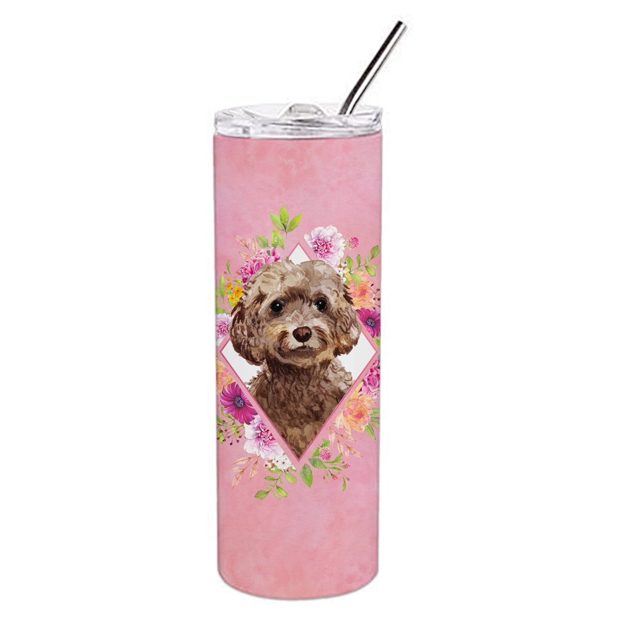 Picture of Carolines Treasures CK4253TBL20 20 oz Chocolate Cockapoo Pink Flowers Double Walled Stainless Steel Skinny Tumbler