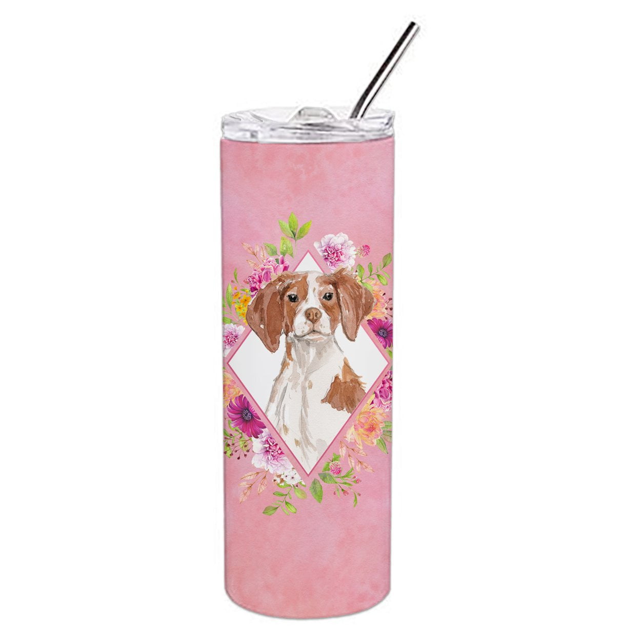 Picture of Carolines Treasures CK4254TBL20 20 oz Brittany Spaniel Pink Flowers Double Walled Stainless Steel Skinny Tumbler