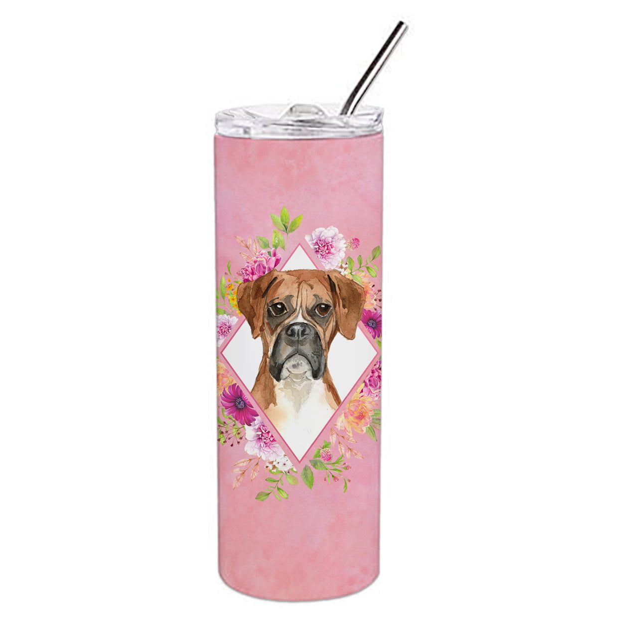 Picture of Carolines Treasures CK4255TBL20 20 oz Boxer Pink Flowers Double Walled Stainless Steel Skinny Tumbler