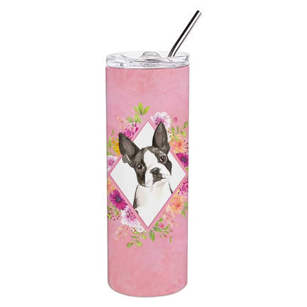 Picture of Carolines Treasures CK4257TBL20 20 oz Boston Terrier Pink Flowers Double Walled Stainless Steel Skinny Tumbler