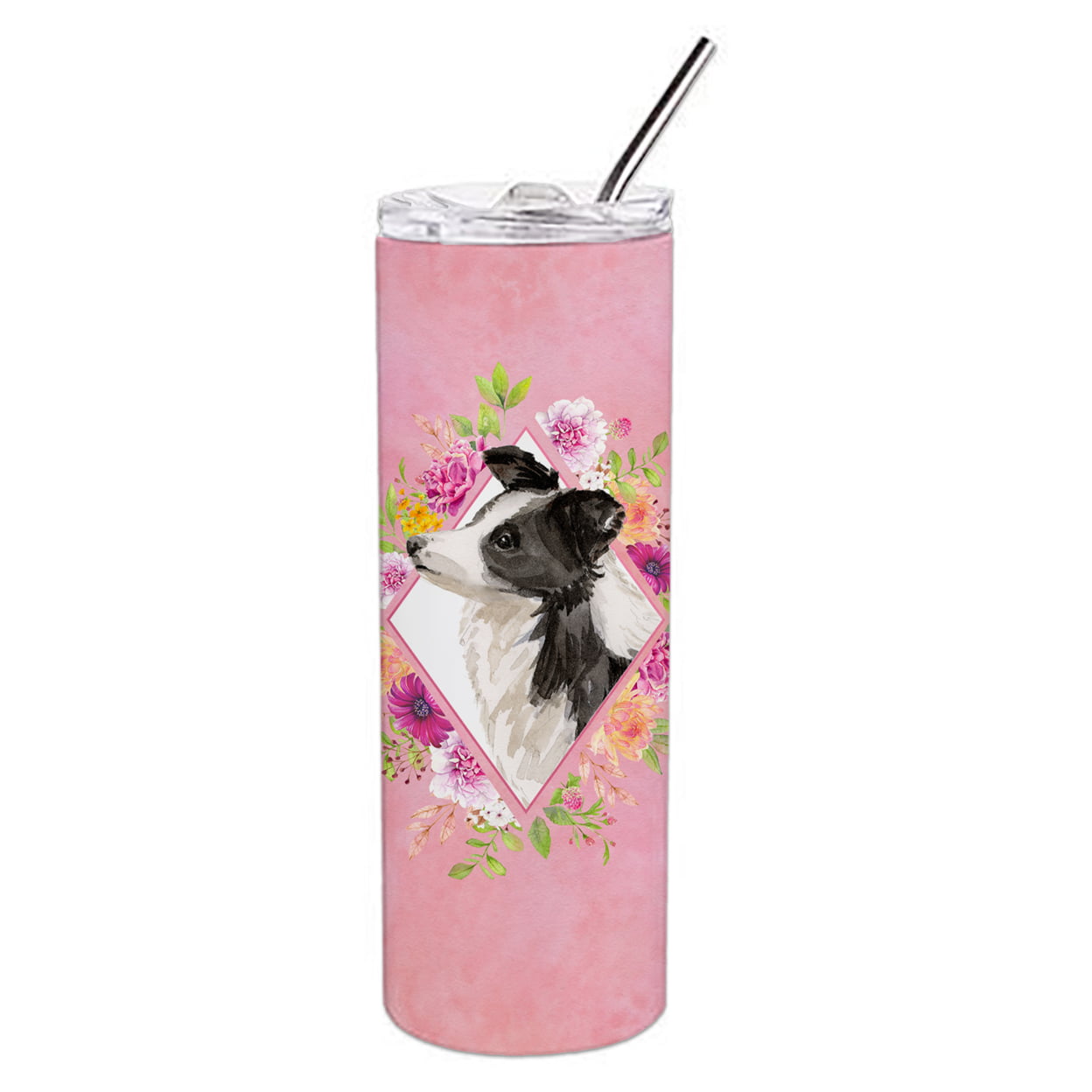 Picture of Carolines Treasures CK4258TBL20 20 oz Border Collie Pink Flowers Double Walled Stainless Steel Skinny Tumbler