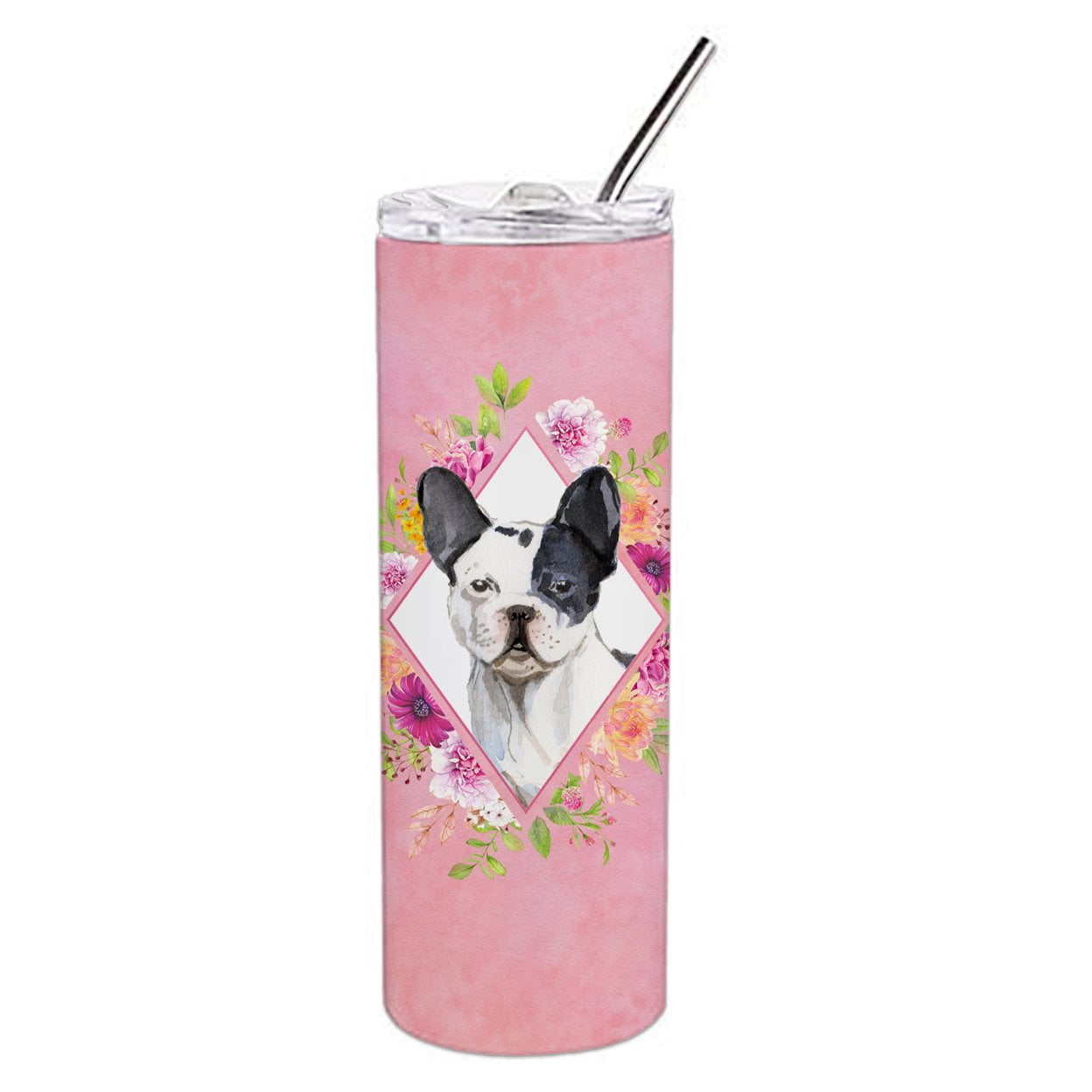 Picture of Carolines Treasures CK4260TBL20 20 oz Black & White Frenchie Pink Flowers Double Walled Stainless Steel Skinny Tumbler