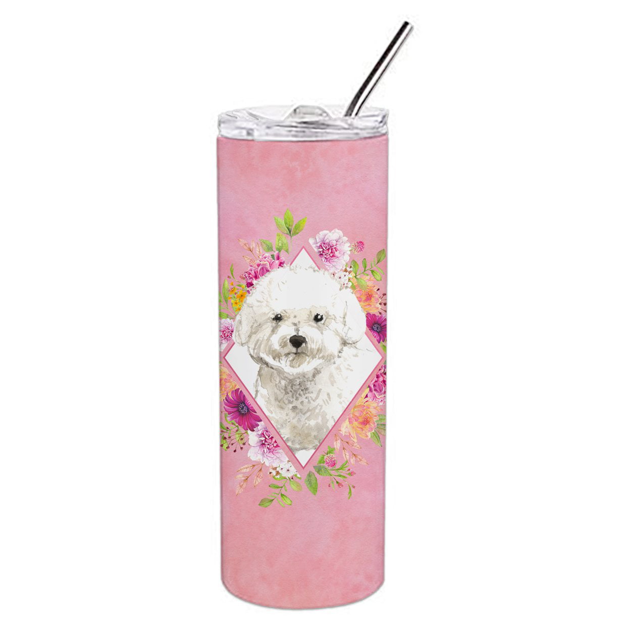 Picture of Carolines Treasures CK4263TBL20 20 oz Bichon Frise Pink Flowers Double Walled Stainless Steel Skinny Tumbler