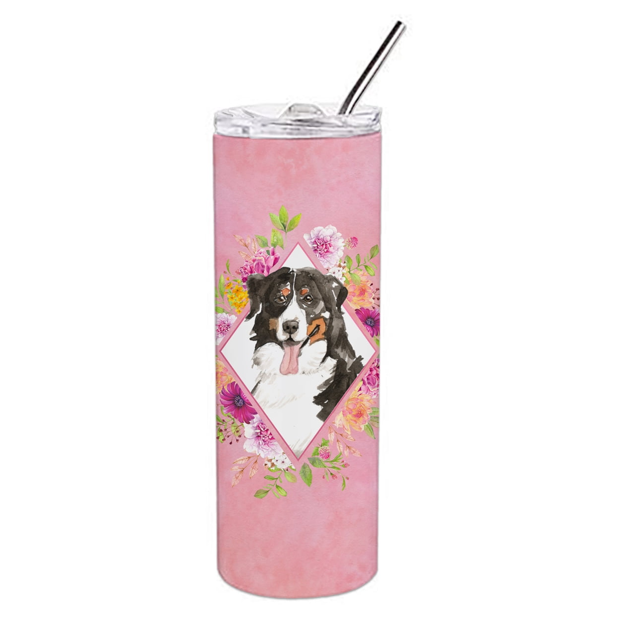 Picture of Carolines Treasures CK4264TBL20 20 oz Bernese Mountain Dog Pink Flowers Double Walled Stainless Steel Skinny Tumbler