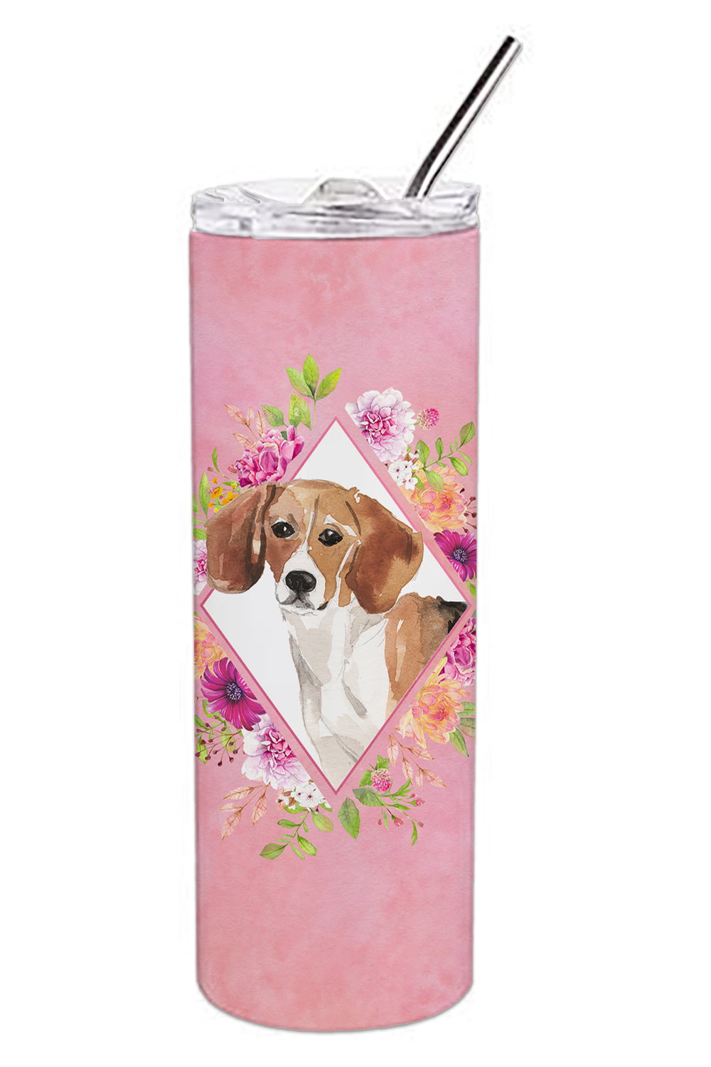 Picture of Carolines Treasures CK4265TBL20 20 oz Beagle Pink Flowers Double Walled Stainless Steel Skinny Tumbler