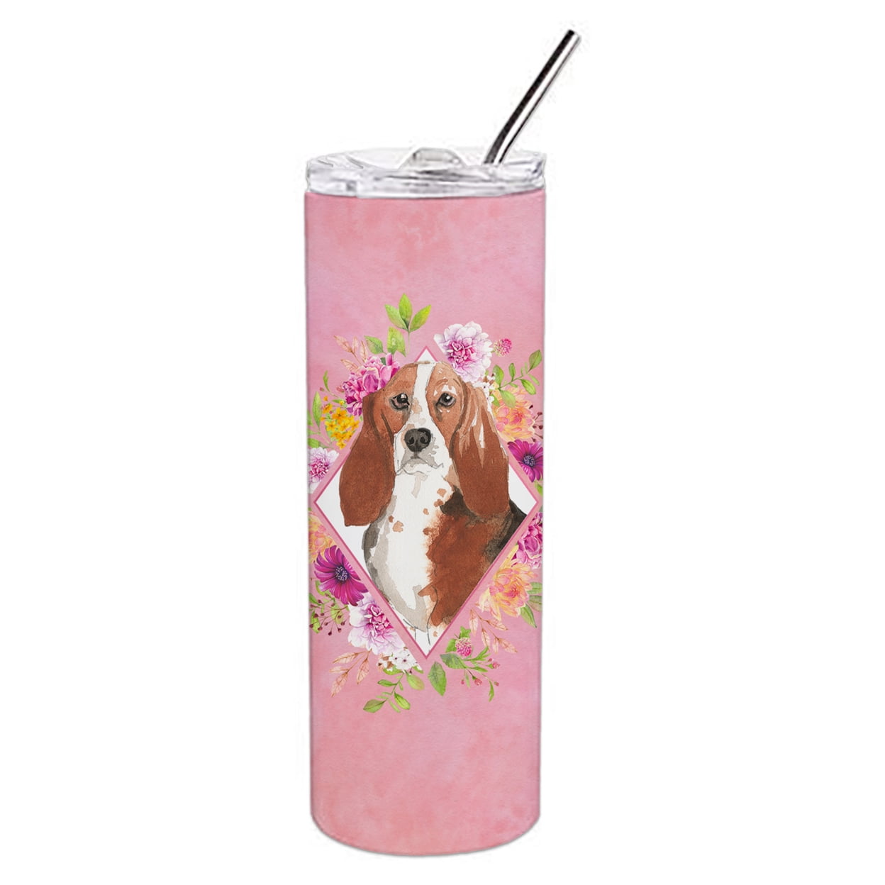 Picture of Carolines Treasures CK4266TBL20 20 oz Basset Hound Pink Flowers Double Walled Stainless Steel Skinny Tumbler