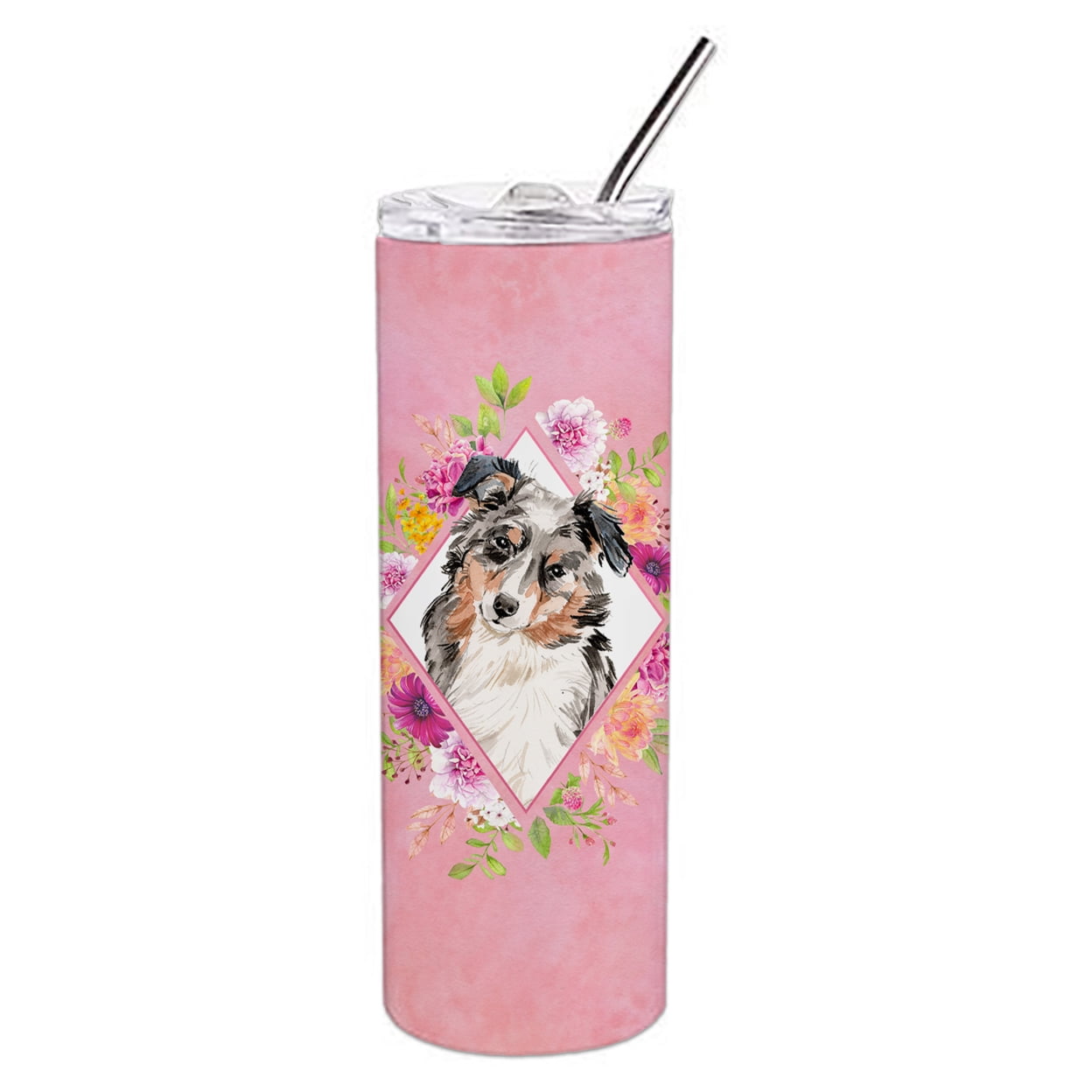 Picture of Carolines Treasures CK4267TBL20 20 oz Australian Shepherd Pink Flowers Double Walled Stainless Steel Skinny Tumbler