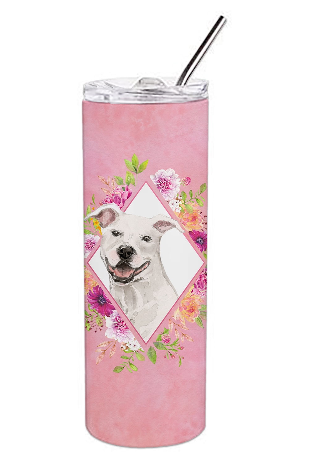 Picture of Carolines Treasures CK4268TBL20 20 oz White Pit Bull Terrier Pink Flowers Double Walled Stainless Steel Skinny Tumbler