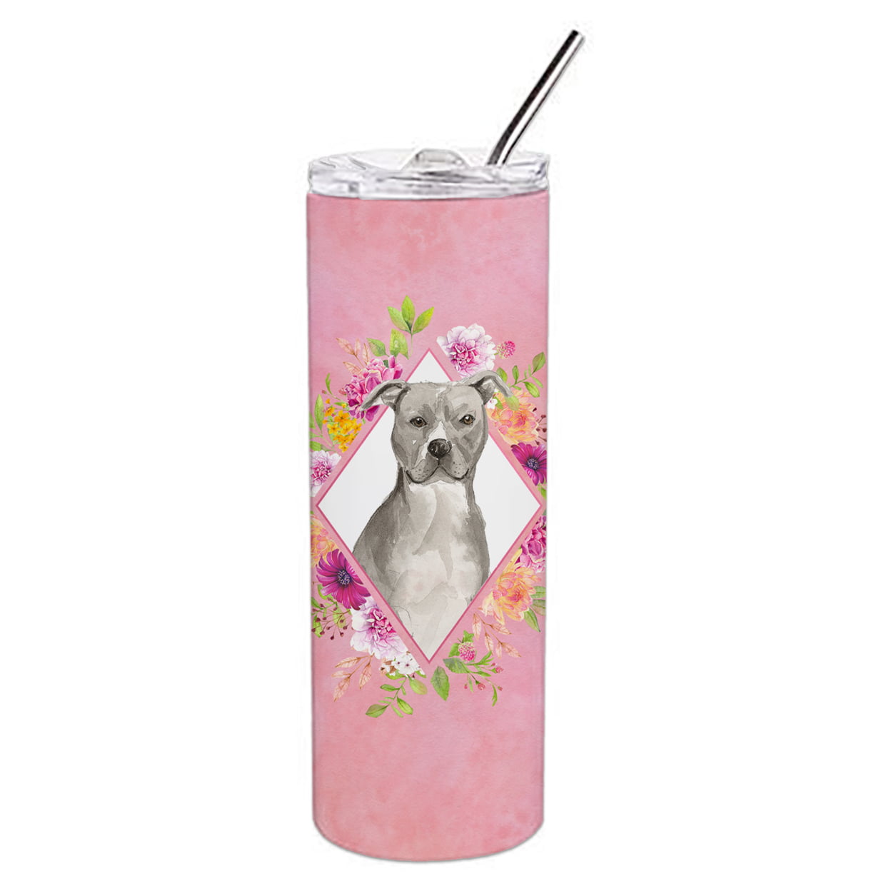 Picture of Carolines Treasures CK4269TBL20 20 oz Blue Pit Bull Terrier Pink Flowers Double Walled Stainless Steel Skinny Tumbler