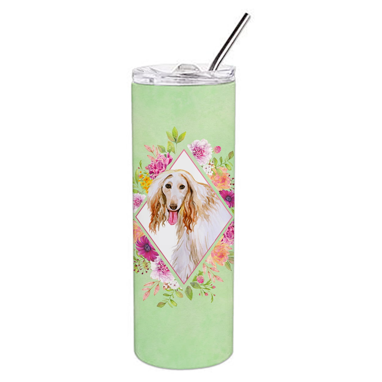 Picture of Carolines Treasures CK4270TBL20 20 oz Afghan Hound Green Flowers Double Walled Stainless Steel Skinny Tumbler