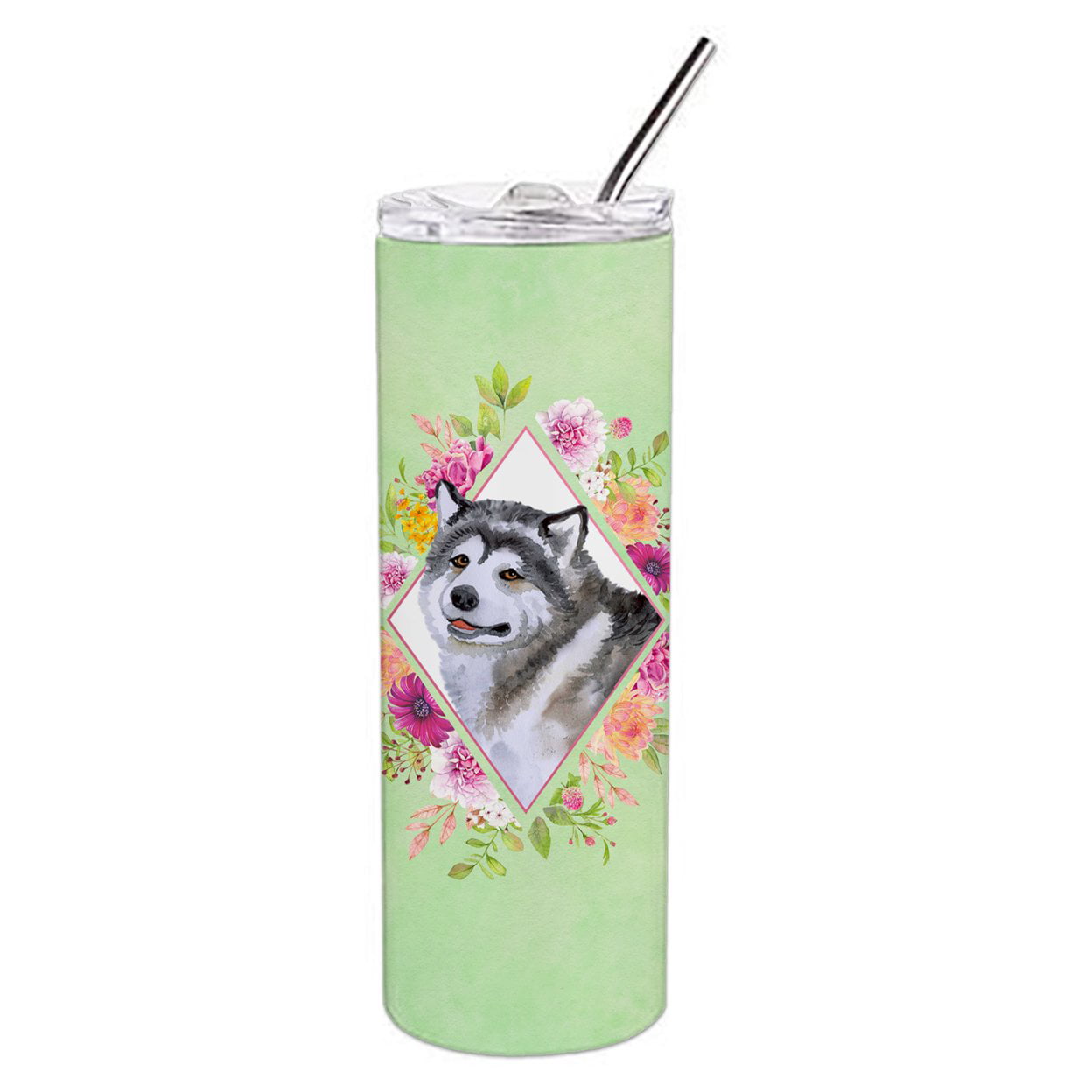 Picture of Carolines Treasures CK4272TBL20 20 oz Alaskan Malamute Green Flowers Double Walled Stainless Steel Skinny Tumbler