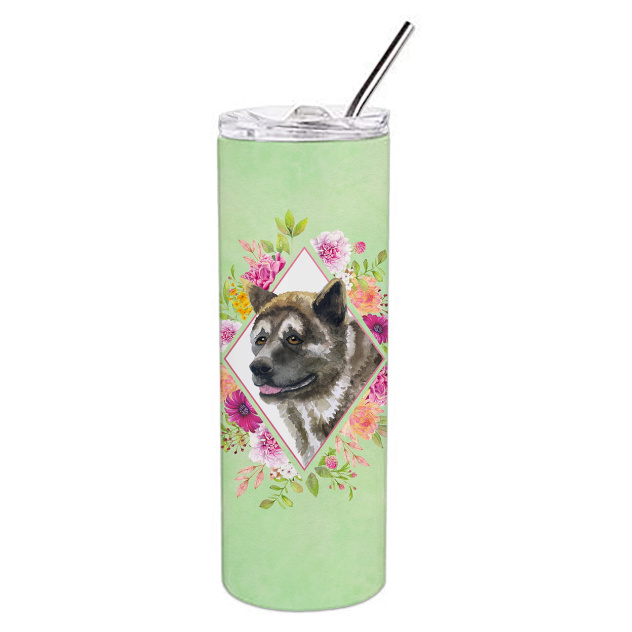 Picture of Carolines Treasures CK4273TBL20 20 oz Akita Green Flowers Double Walled Stainless Steel Skinny Tumbler