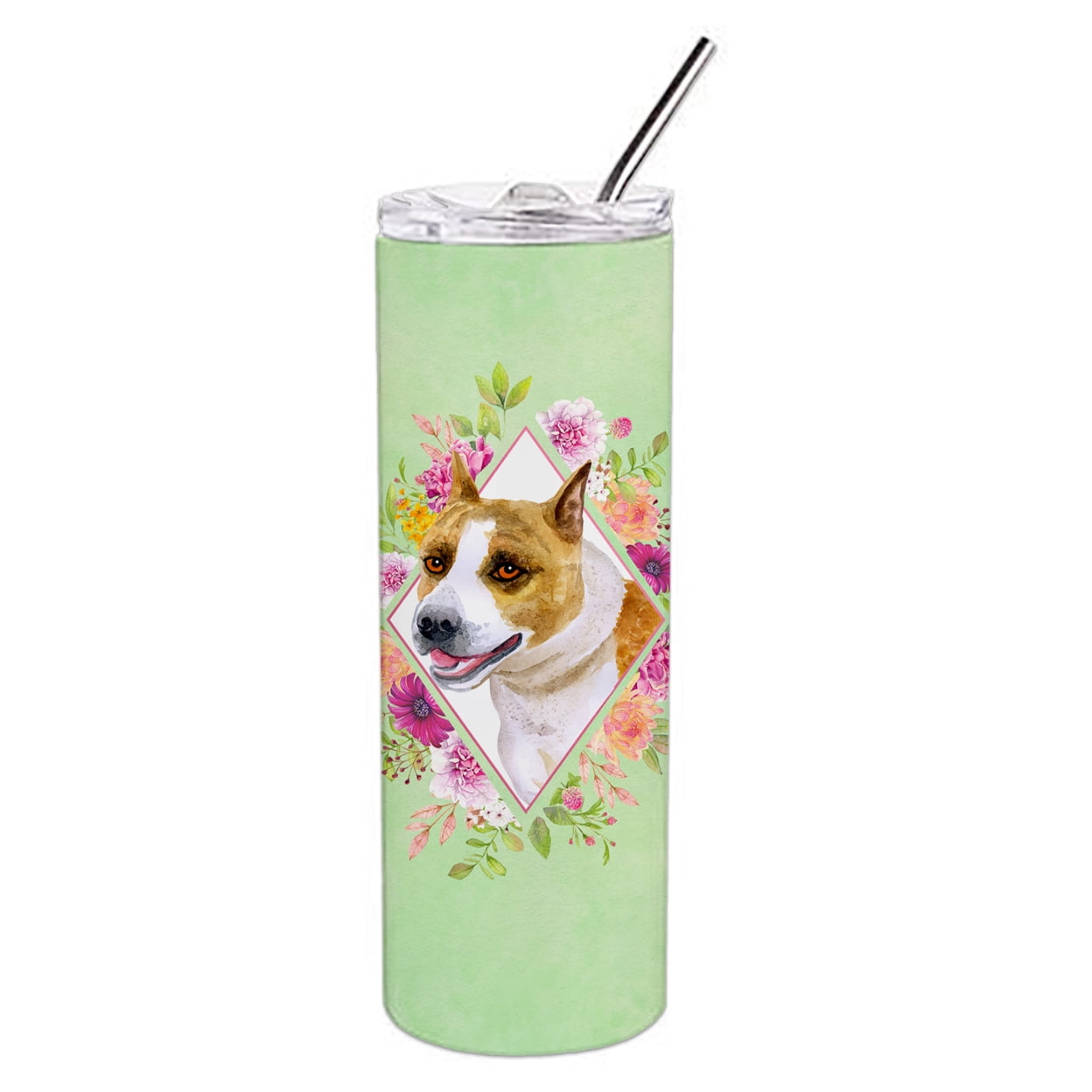 Picture of Carolines Treasures CK4274TBL20 20 oz Bull Terrier Green Flowers Double Walled Stainless Steel Skinny Tumbler