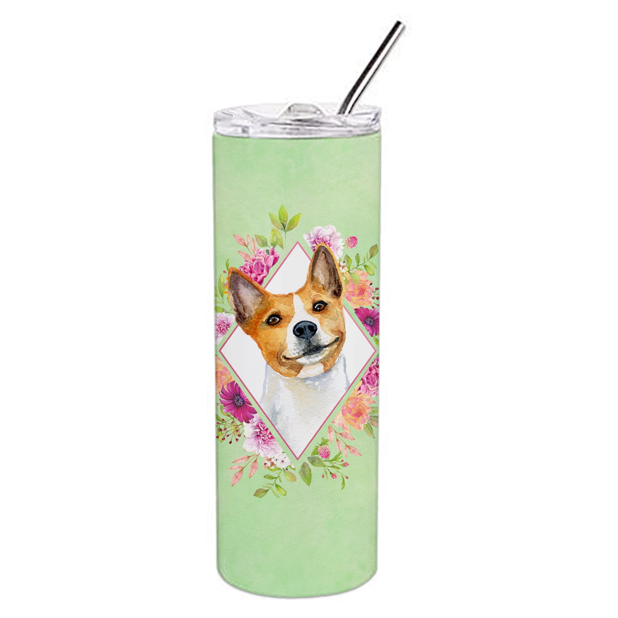 Picture of Carolines Treasures CK4275TBL20 20 oz Basenji Green Flowers Double Walled Stainless Steel Skinny Tumbler