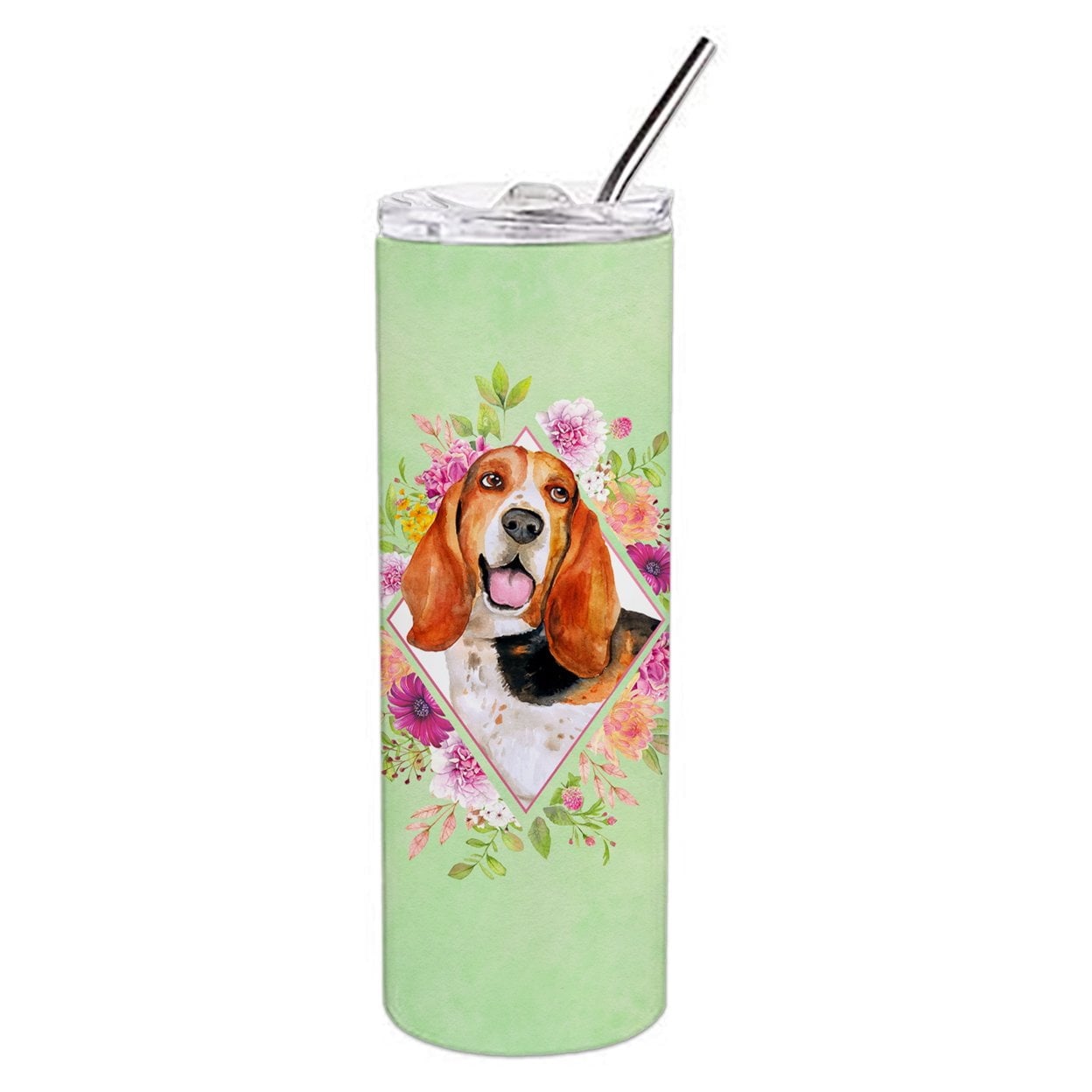 Picture of Carolines Treasures CK4276TBL20 20 oz Basset Hound Green Flowers Double Walled Stainless Steel Skinny Tumbler