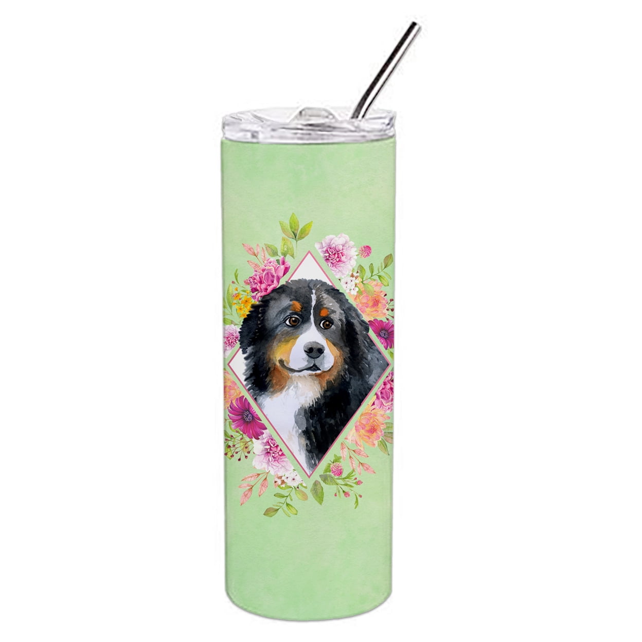 Picture of Carolines Treasures CK4278TBL20 20 oz Bernese Mountain Dog Green Flowers Double Walled Stainless Steel Skinny Tumbler