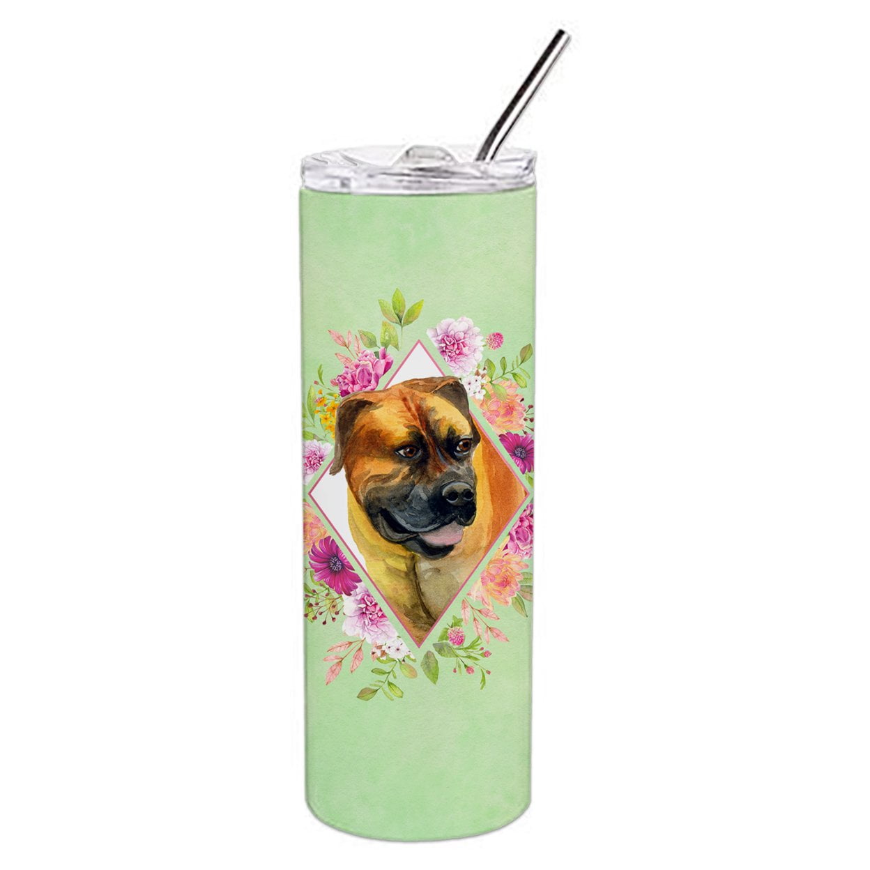 Picture of Carolines Treasures CK4281TBL20 20 oz Borboel Mastiff Green Flowers Double Walled Stainless Steel Skinny Tumbler