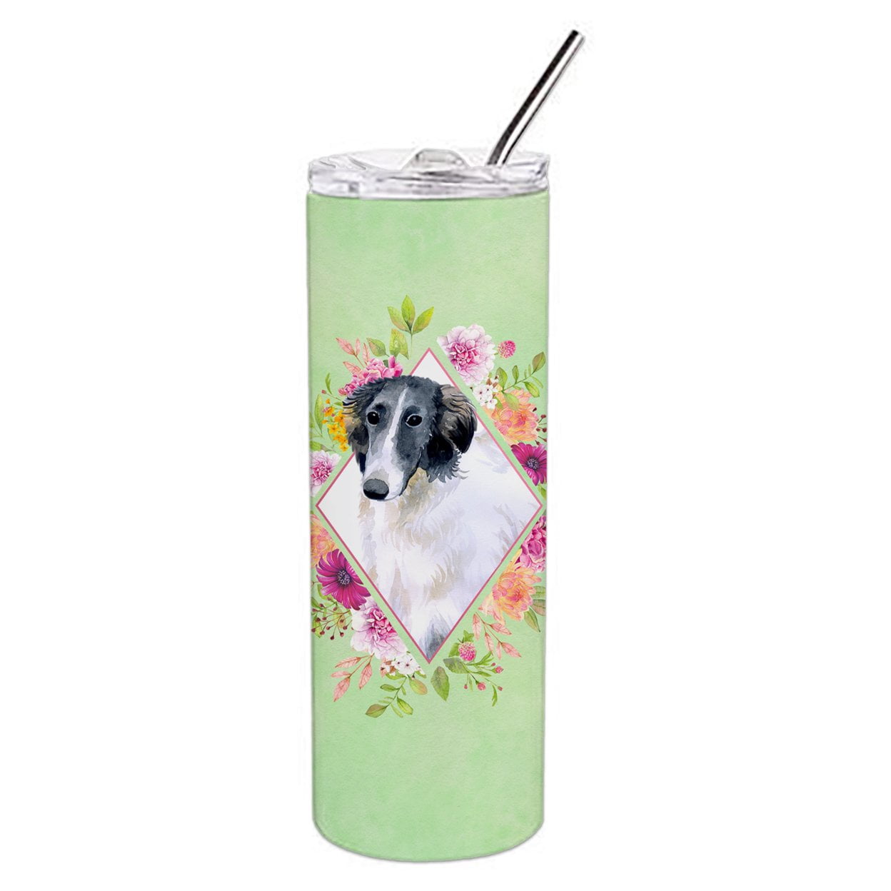 Picture of Carolines Treasures CK4282TBL20 20 oz Borzoi Green Flowers Double Walled Stainless Steel Skinny Tumbler