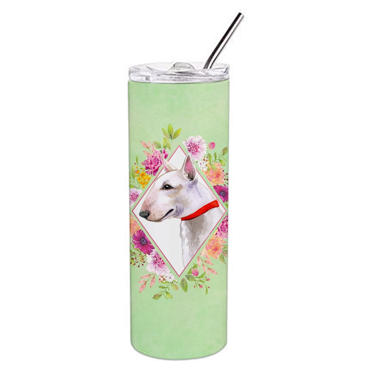 Picture of Carolines Treasures CK4284TBL20 20 oz Bull Terrier Green Flowers Double Walled Stainless Steel Skinny Tumbler