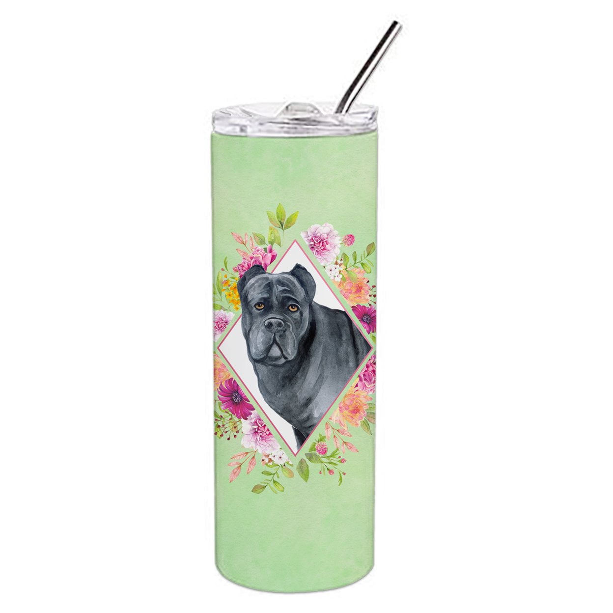 Picture of Carolines Treasures CK4285TBL20 20 oz Cane Corso Green Flowers Double Walled Stainless Steel Skinny Tumbler