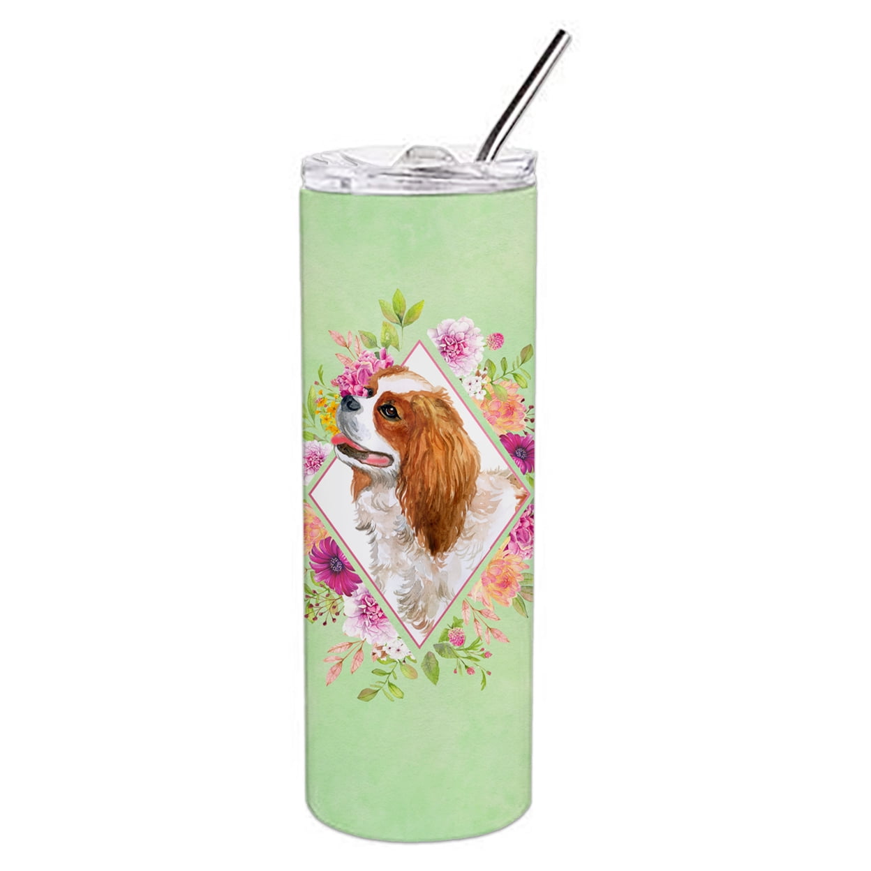 Picture of Carolines Treasures CK4286TBL20 20 oz Cavalier King Charles Spaniel Green Flowers Double Walled Stainless Steel Skinny Tumbler