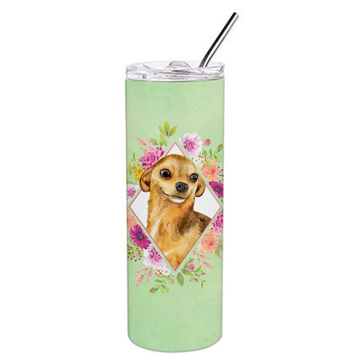 Picture of Carolines Treasures CK4288TBL20 20 oz Chihuahua No.1 Green Flowers Double Walled Stainless Steel Skinny Tumbler