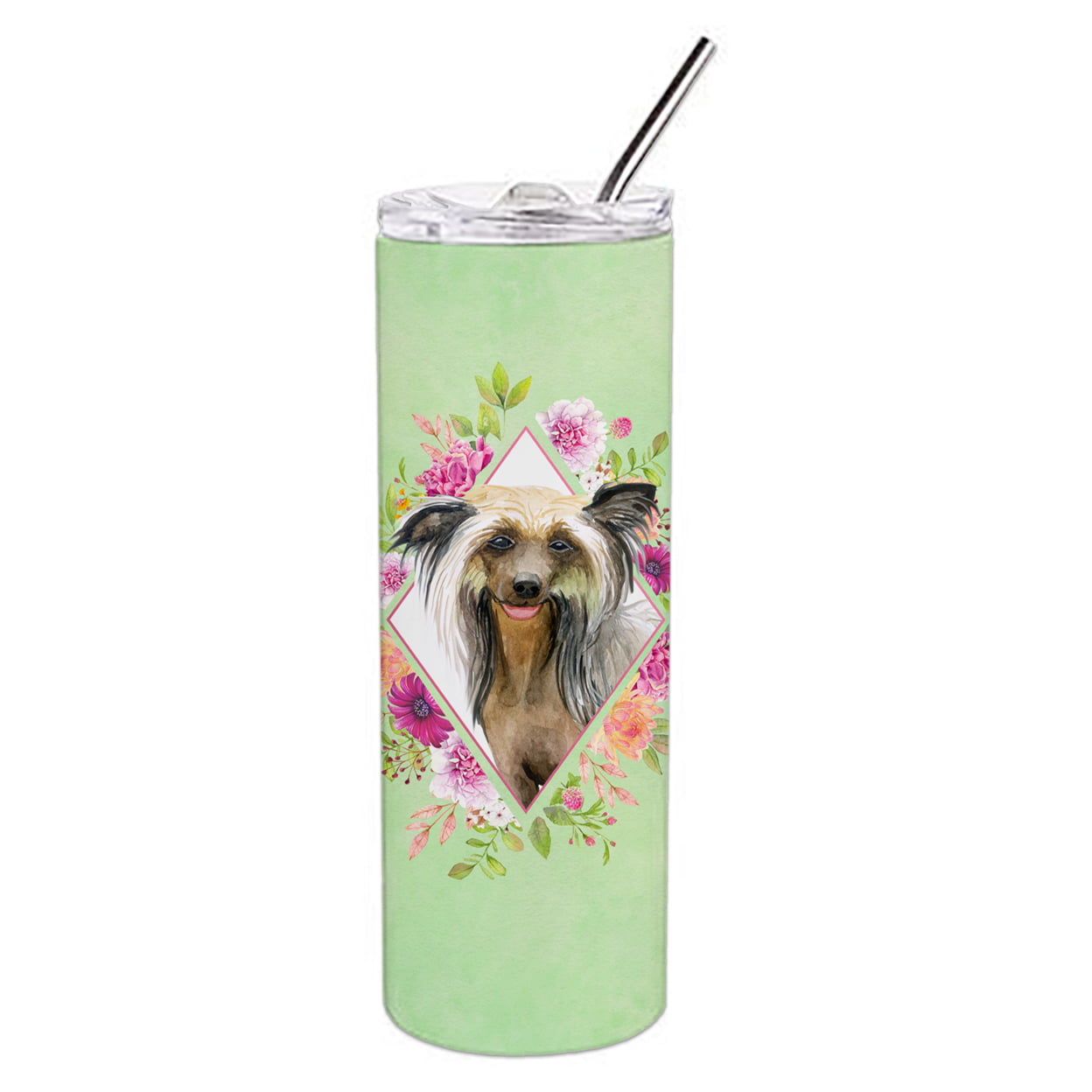 Picture of Carolines Treasures CK4290TBL20 20 oz Chinese Crested Green Flowers Double Walled Stainless Steel Skinny Tumbler